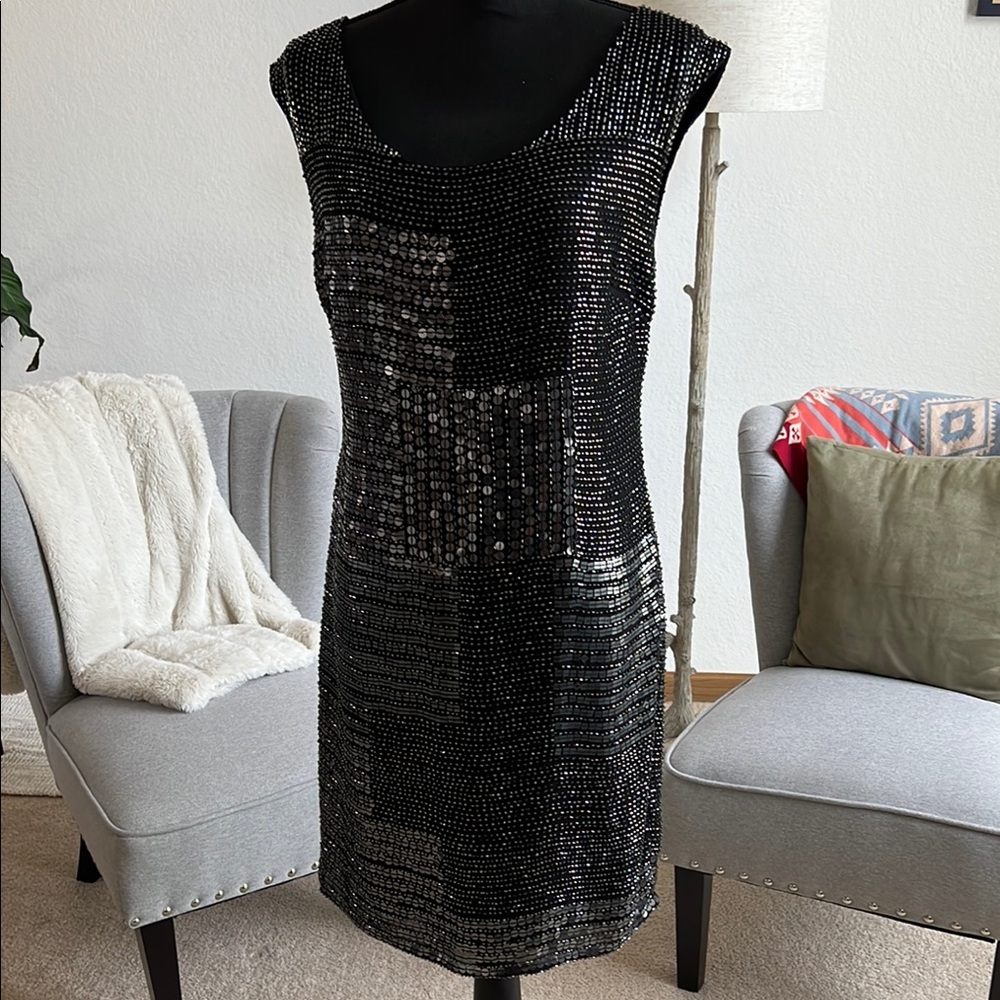 Black Sequin Sheath Midi Dress